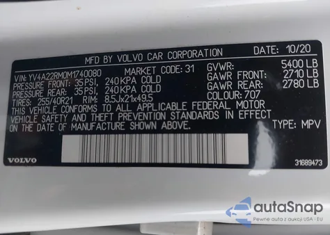 2021 Volvo Xc60 T6 R-Design z USA, uszkodzony, nr VIN YV4A22RM0M1740080